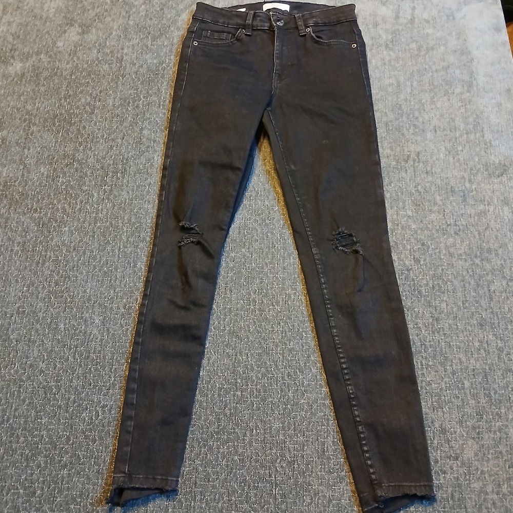 Bershka BSKGIRL Skinny Low Rise Distressed Black Jeans Size 4 Ripped Raw Hem